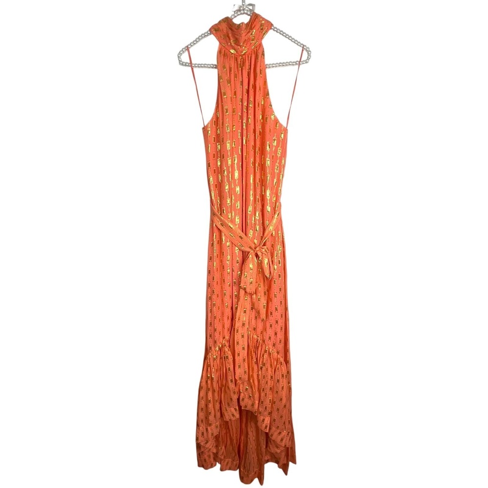 Ramy Brook Kenza Halter Maxi‎ Dress in Peach Geo NWT Size 12 - Picture 2 of 10